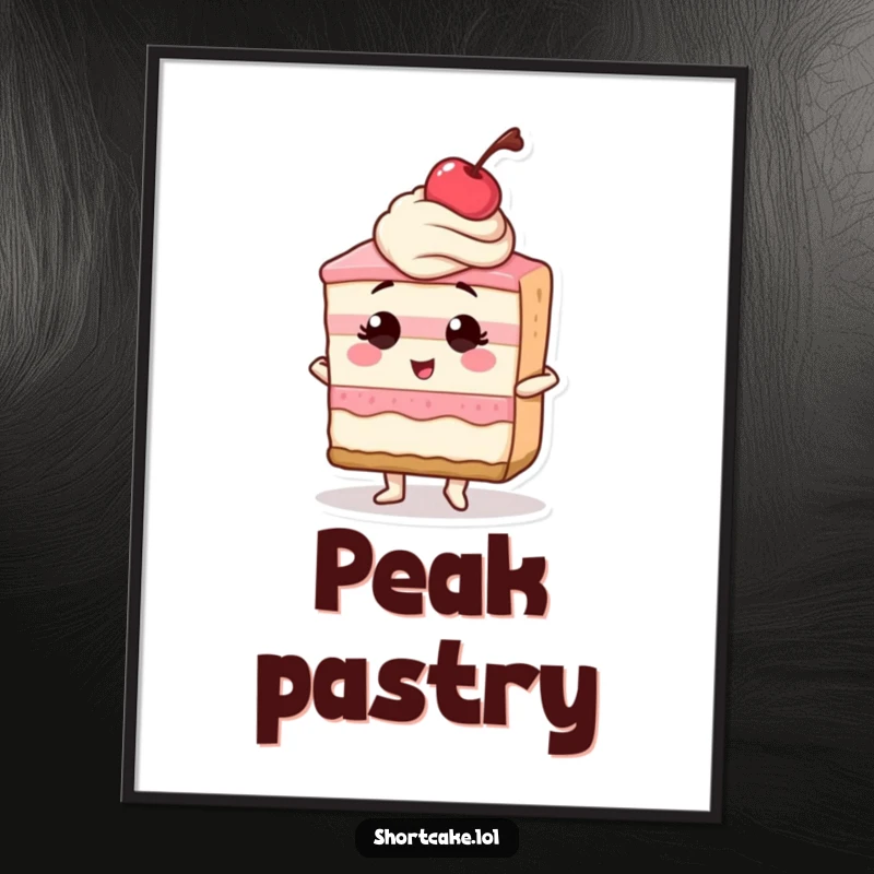 Funny poster art of a shortcake slice striking a confident pose, cherry perfectly perched, radiating dessert power and humor.