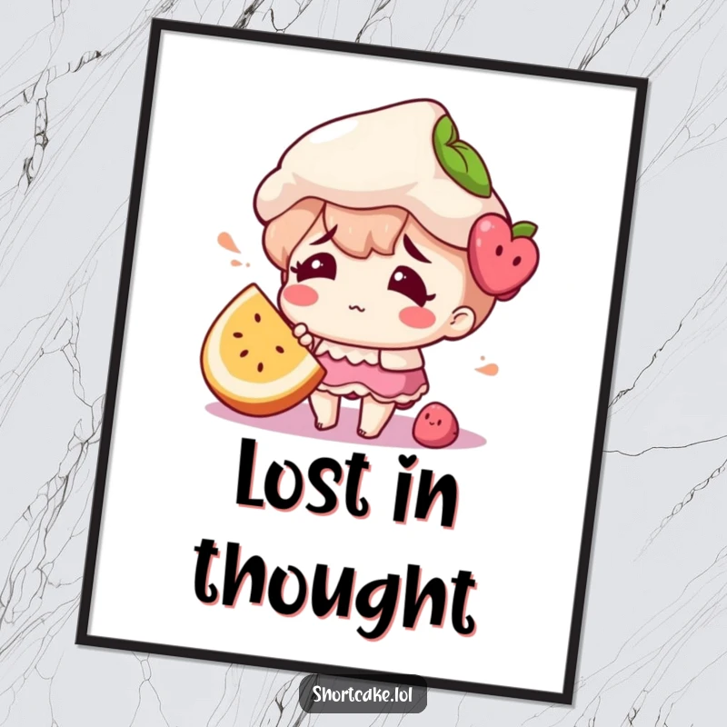 Funny poster art of a shortcake character looking comically confused, a fruit slice misplaced.