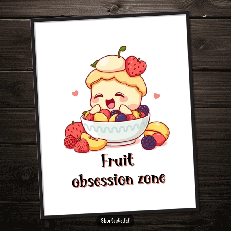Funny shortcake poster, diving into fruit, enthusiastic action, vibrant colors, cheerful wall art.