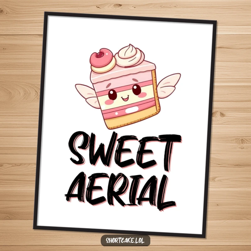 Funny poster art of a shortcake slice with delicate pastry wings, gracefully taking flight, bringing whimsical dessert dreams to life.