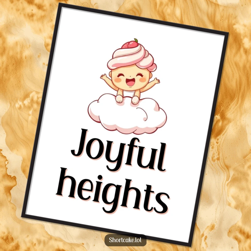 Funny shortcake poster of a giggling shortcake bouncing enthusiastically on a fluffy cloud, adding sweet and joyful humor.