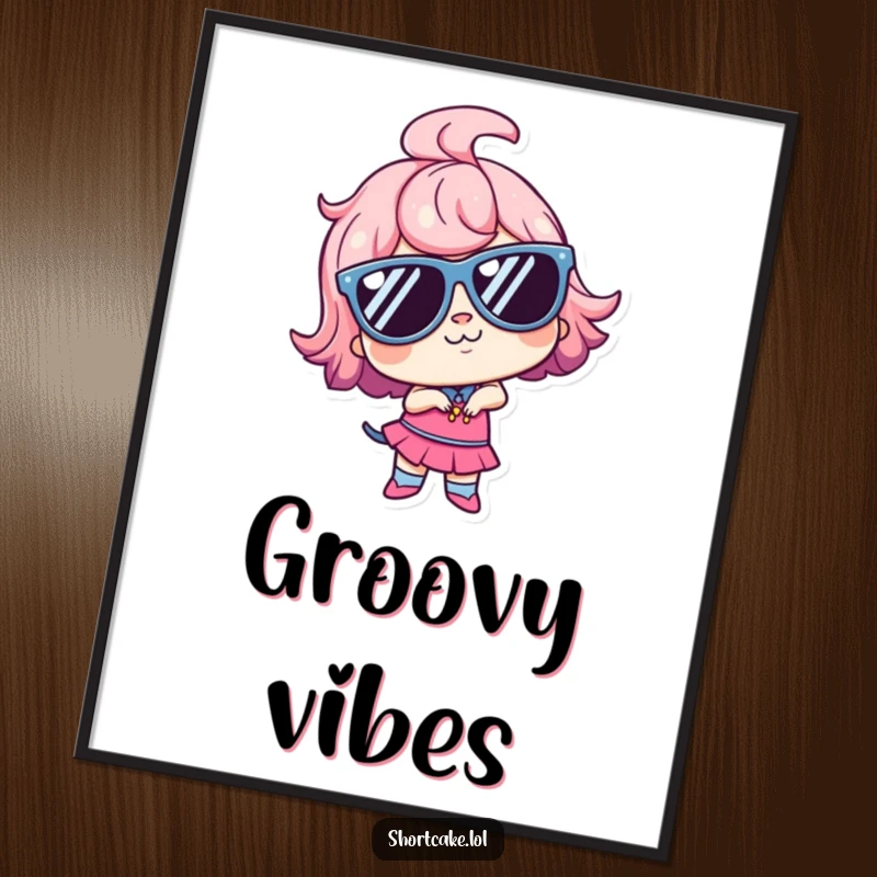 Funny kawaii shortcake with oversized sunglasses, striking a goofy pose, perfect for cool and humorous wall decor. Great decor.