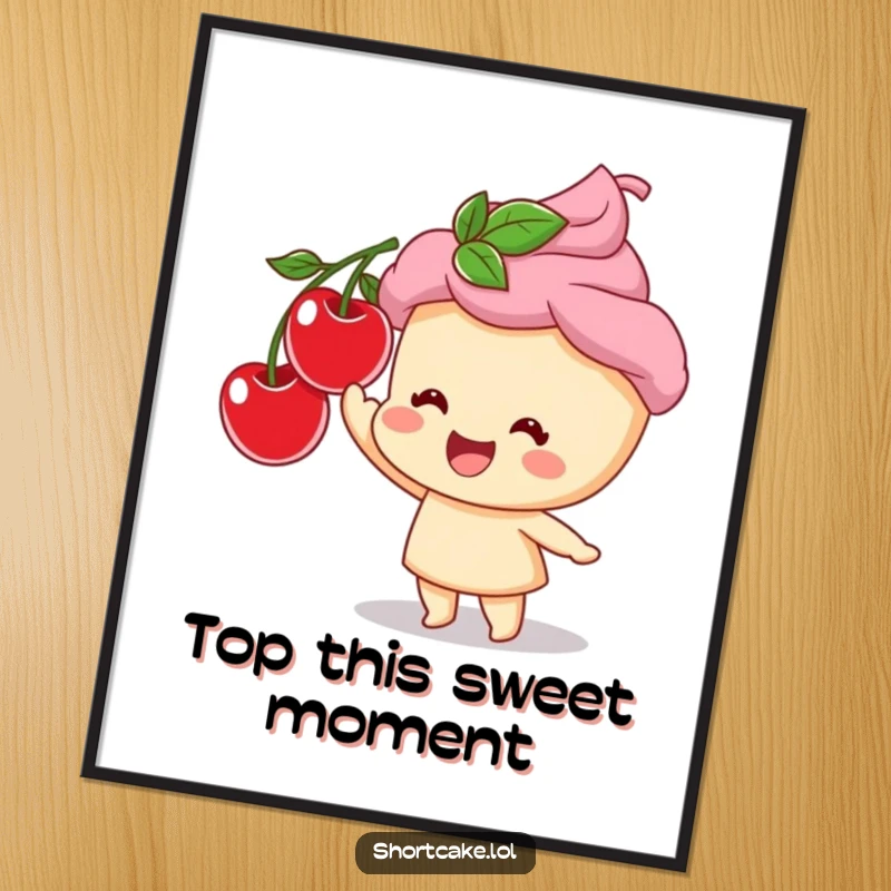 Funny poster featuring a joyful shortcake character with a wide smile, its hand outstretched towards a tempting red cherry.
