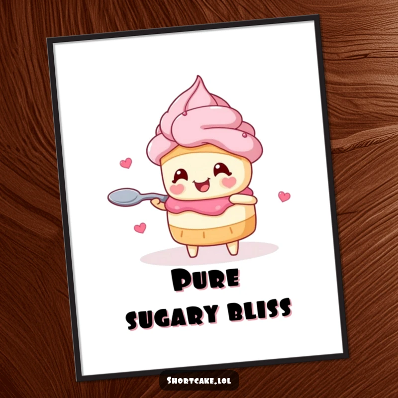 Funny shortcake poster displaying a joyful character with heart eyes twirling a spoon, a delightful and sweet art print.