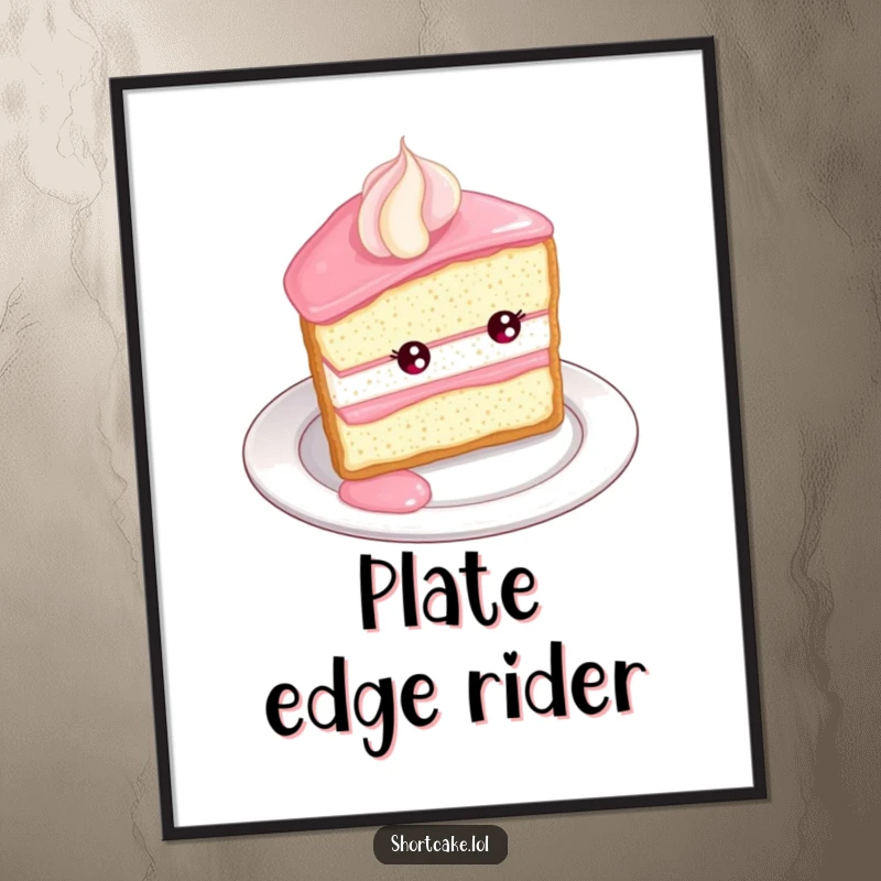 Funny Shortcake Roll Poster. Artwork of a shortcake slice joyfully rolling down a plate edge, creating food-themed humor and celebration.