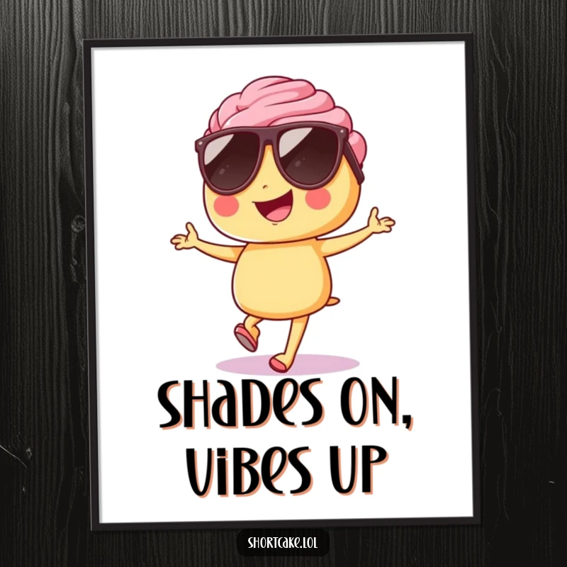 Funny shortcake poster, sunglasses, hopping with confidence, cool, cheerful wall art, humorous decor.