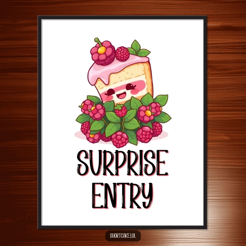Funny Shortcake Surprise Poster. Artwork of a shortcake slice comically popping out of a berry bush with surprise, creating food-themed humor.