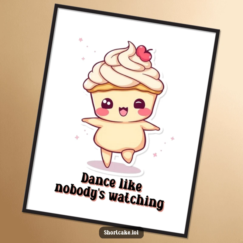 Funny poster art of a shortcake slice character in a playful spin, its cream topping creating a dynamic swirl.