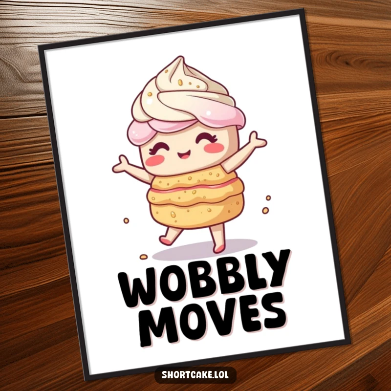 Funny kawaii shortcake character doing a wobbly dance, layers crumbly and unstable, perfect for energetic wall decor. Great decor.