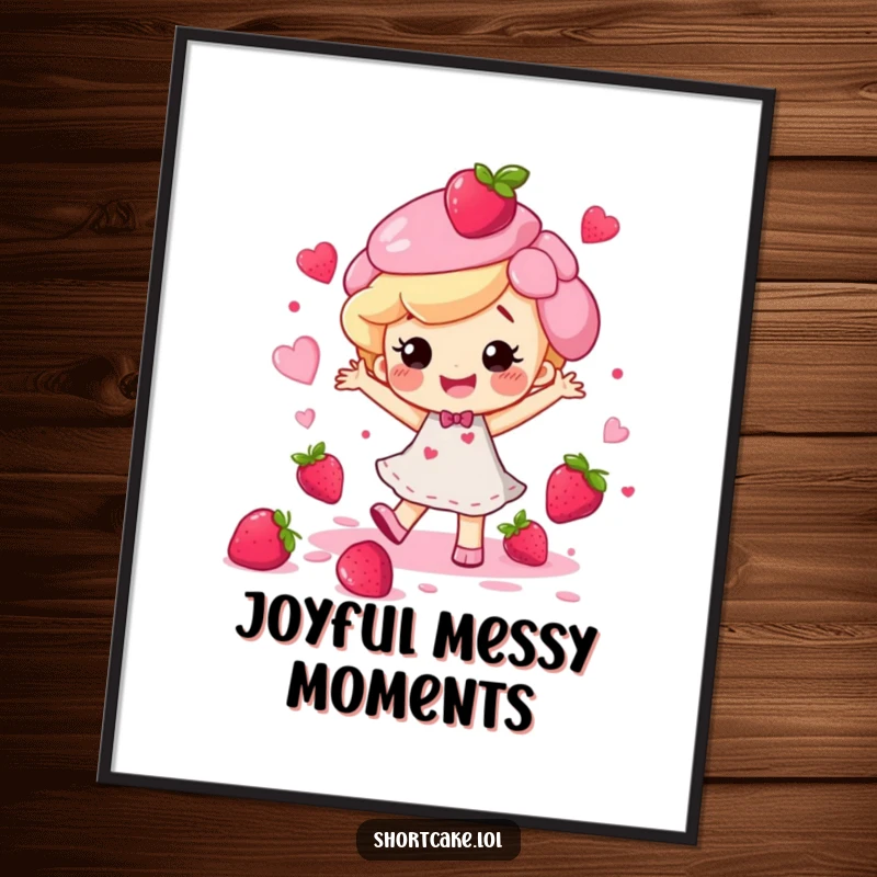 Funny happy shortcake character doing a lively dance surrounded by berry juice splatters, presented as a festive art poster.