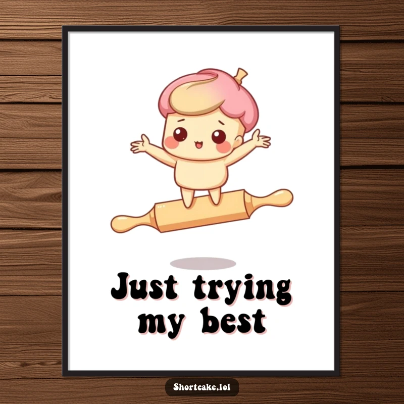 Funny poster art: A charming shortcake character comically losing control on a rolling pin, arms flailing dynamically in mid-air.