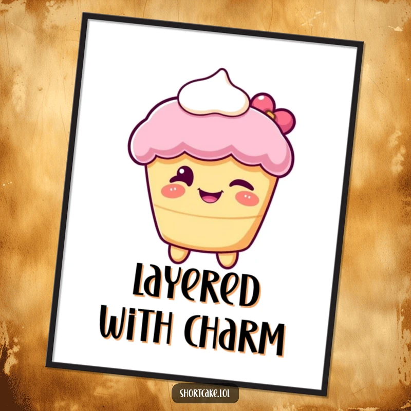 Funny poster of a shortcake character winking playfully, a charming and humorous piece of dessert-themed wall art.