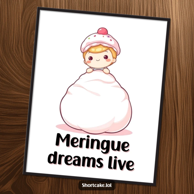 Funny shortcake poster, sitting on meringue, happy, sweet art, humorous decor.