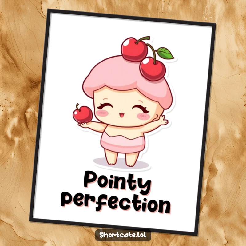 Funny shortcake character balancing a cherry on its point like a hat, a whimsical and humorous poster for delightful decor.