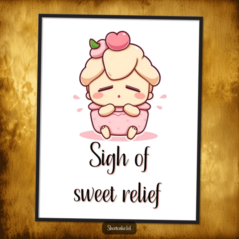 Funny shortcake poster print, cute dessert character with eyes closed, satisfied sigh, whimsical wall art, perfect funny gift.