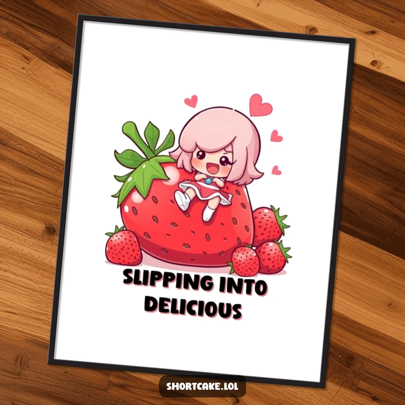 Funny shortcake character slipping on a giant strawberry, cute dessert wall art, whimsical illustration, a funny gift.