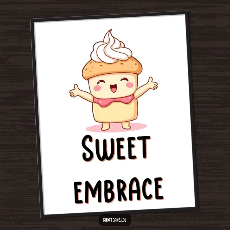 Funny shortcake poster of a shortcake embracing whipped cream with outstretched arms, adding a touch of sweet and cozy humor.