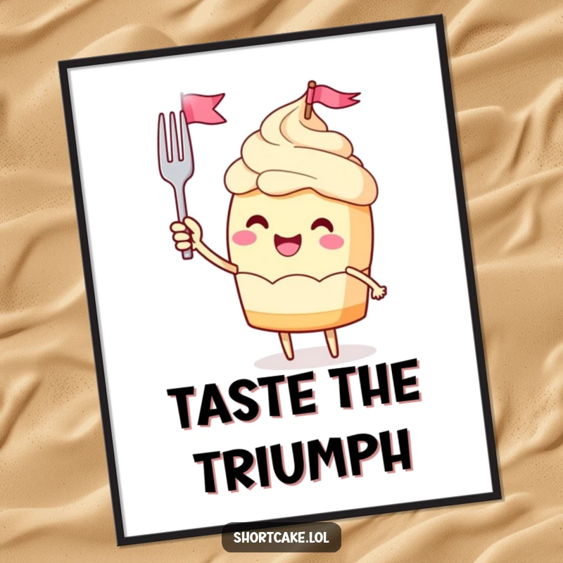 Funny poster of a jubilant shortcake character waving a miniature fork flag, symbolizing celebration and joy.