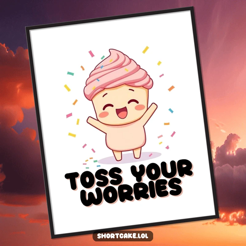 Funny shortcake doing a confetti toss poster, a dessert character celebrating with a shower of confetti, for festive decor.