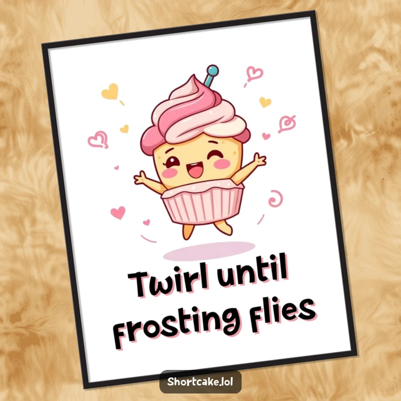 Funny shortcake poster print, cute dessert character doing a celebratory spin with frosting swirls, whimsical wall art, perfect funny gift.