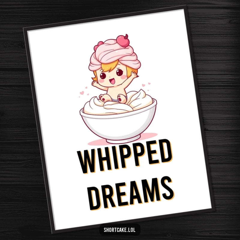 Funny poster of a delightful shortcake character in mid-air, about to land in a bowl brimming with whipped cream.