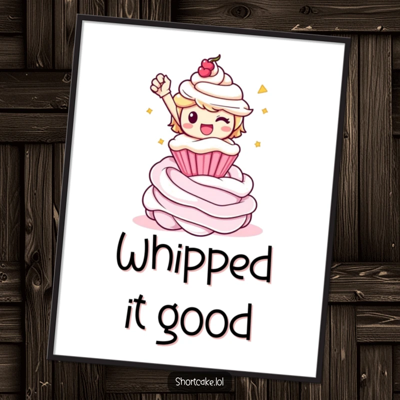 Funny triumphant shortcake character posing victoriously on top of a whipped cream swirl, presented as a vibrant art poster.