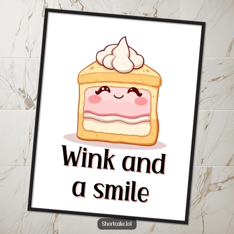 Funny shortcake poster showing a dessert slice winking with cream, a humorous and delightful piece of wall art.
