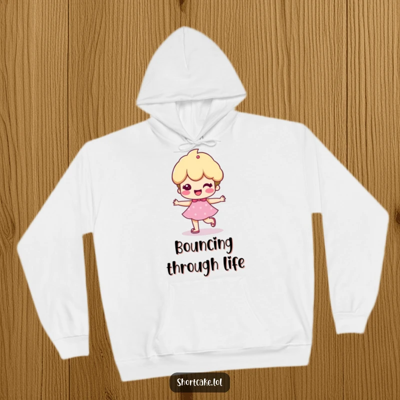 Funny hoodie with a shortcake character taking a cheerful, bouncy step, perfect for staying warm and spreading positive energy.