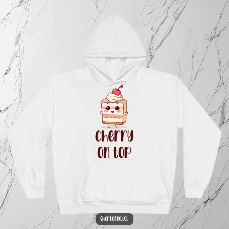 Funny hoodie design of a shortcake slice striking a powerful, confident pose, cherry glistening, embodying bold dessert energy.