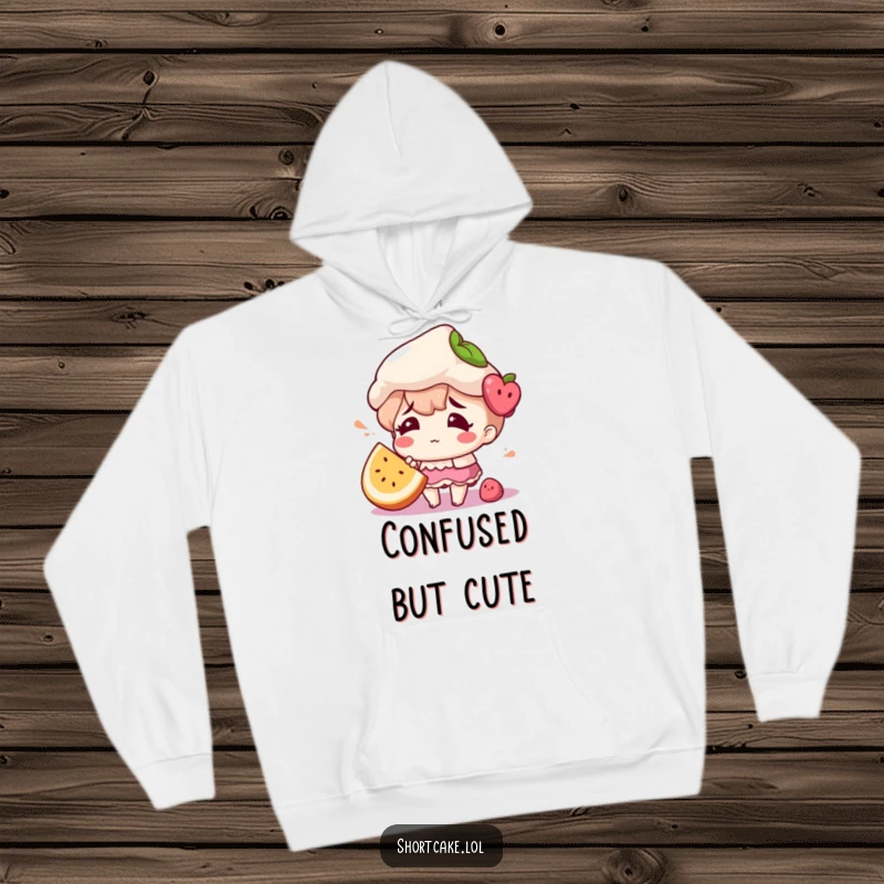 Funny hoodie featuring a shortcake character looking confused, a fruit slice humorously misplaced.