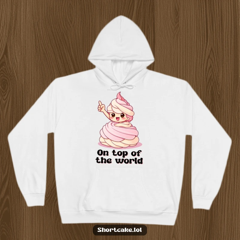 Funny Shortcake Hoodie featuring a triumphant shortcake character striking a pose on a whipped cream swirl, offering warmth and style.