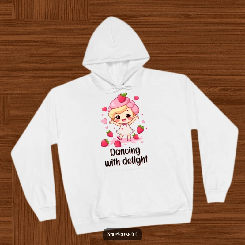 Funny happy shortcake character dancing with berry juice splatters, printed on a warm and cozy hoodie.