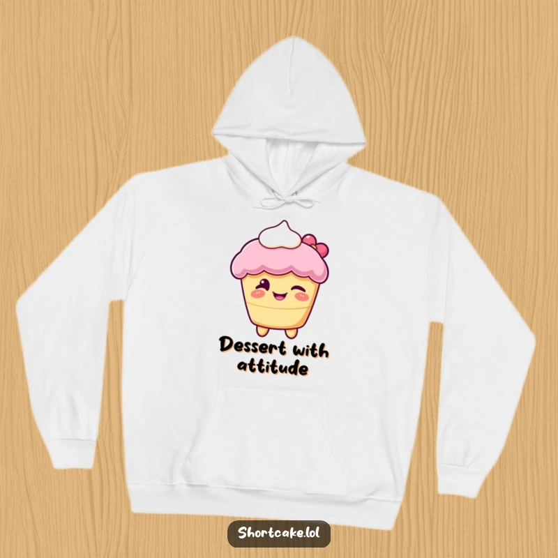 Funny hoodie depicting a delighted shortcake with cream, winking playfully, offering warmth and a touch of sweet humor.