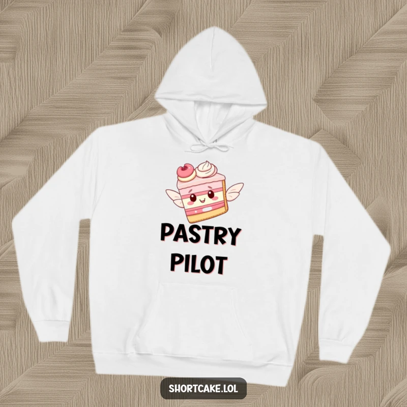 Funny hoodie design of a shortcake slice with elegant pastry wings, gracefully taking flight, embodying sweet, hopeful aspirations.