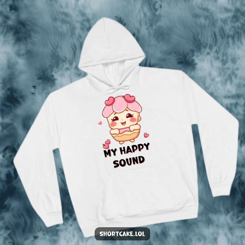 Funny shortcake with rosy cheeks giggling hoodie, a happy dessert character spreading warmth and infectious giggles.