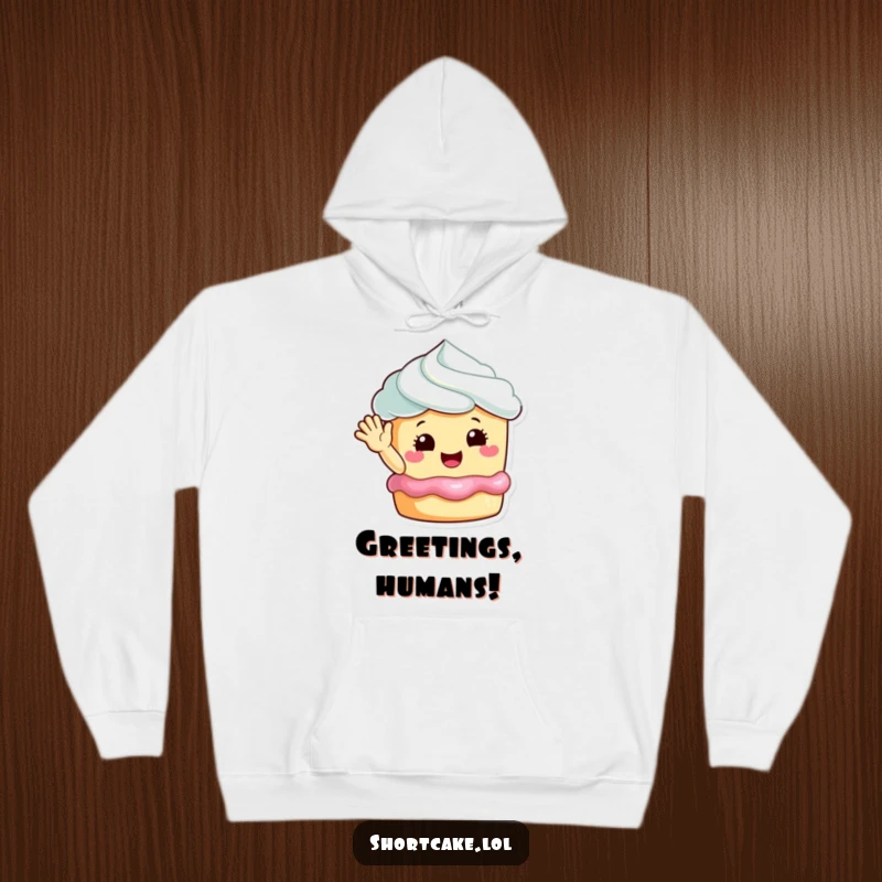 Funny happy shortcake waving hoodie, a joyful dessert character offering a warm embrace, ideal for cozy smiles.