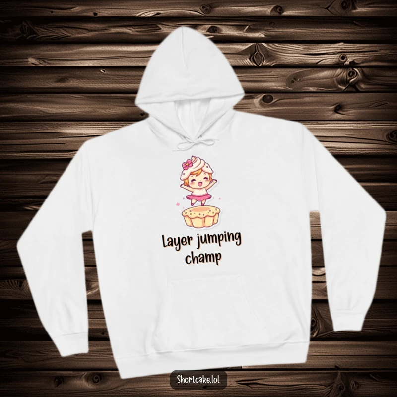 Funny Leaping Shortcake Hoodie featuring a dessert character in a dynamic jump, combining comfort with a funny gift idea.