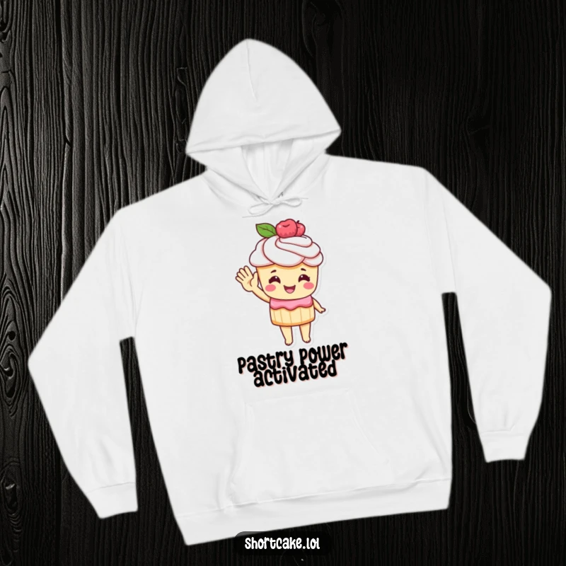 Funny Hoodie with a shortcake character giving a sweet, warm wave using its pastry hand, perfect for cozy, happy days.