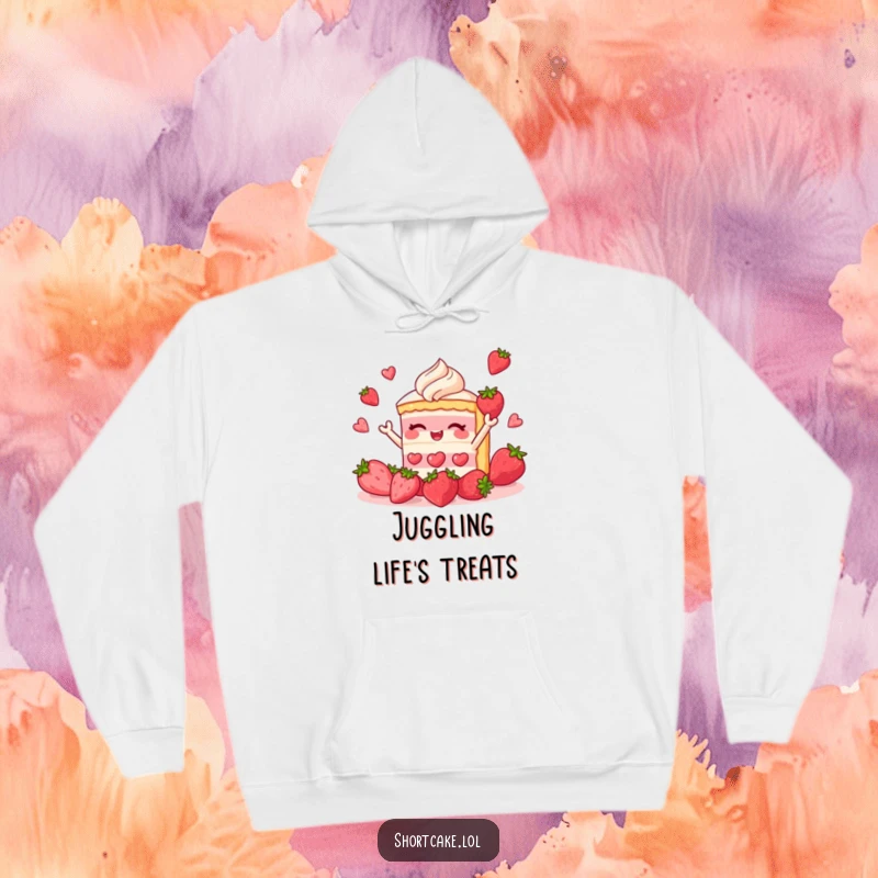 Funny shortcake hoodie showing a dessert slice juggling strawberries, a humorous and cozy item for dessert enthusiasts.
