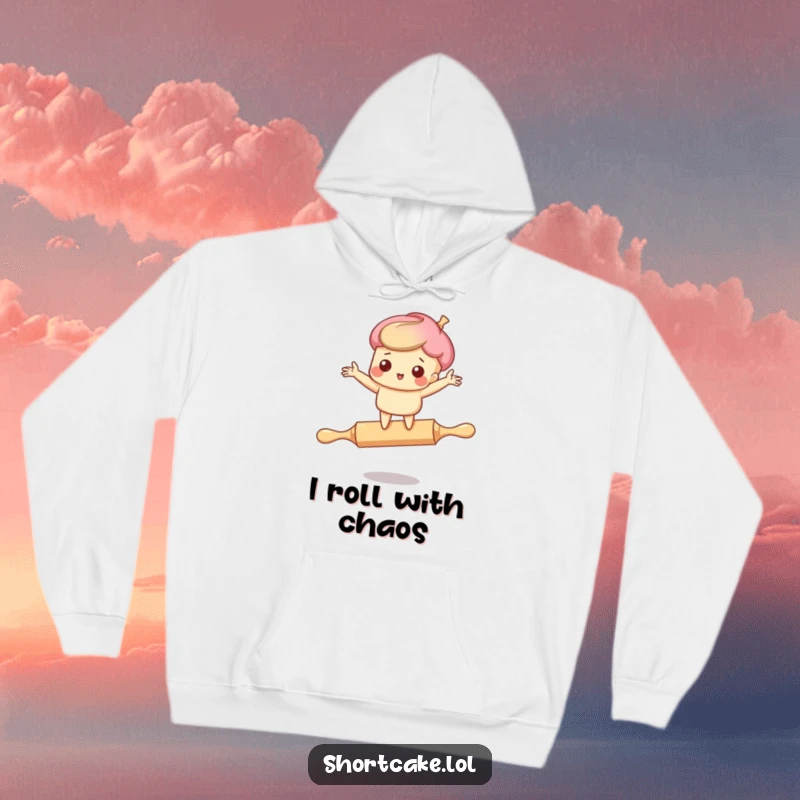 Funny hoodie print: An adorable shortcake character comically teetering on a rolling pin, arms flailing, looking utterly surprised.