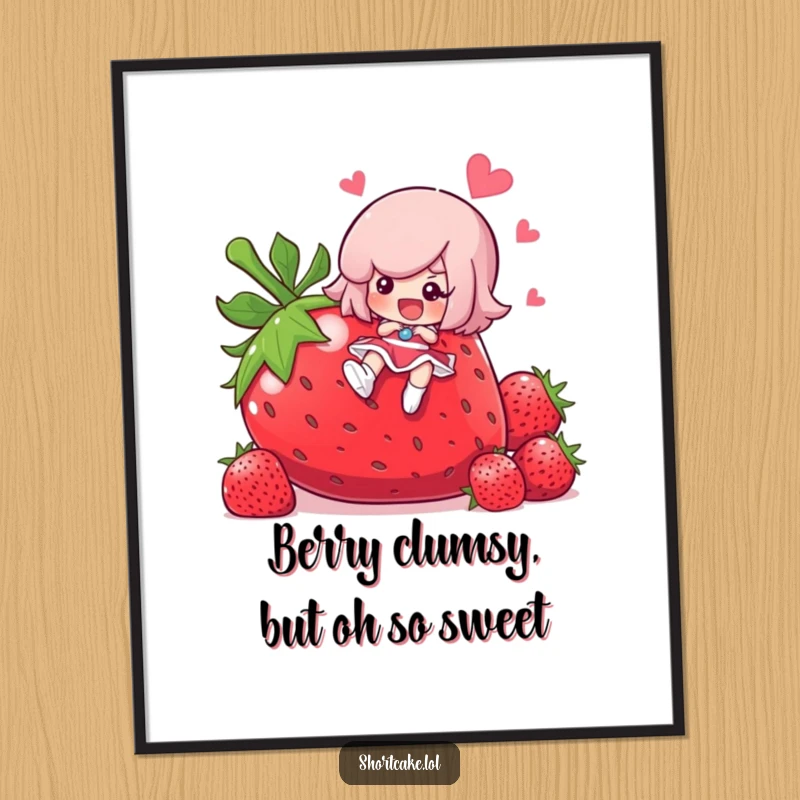 Hilarious Free Printable Wall Art: A shortcake character comically slipping on a giant strawberry, a downloadable slice of fun.