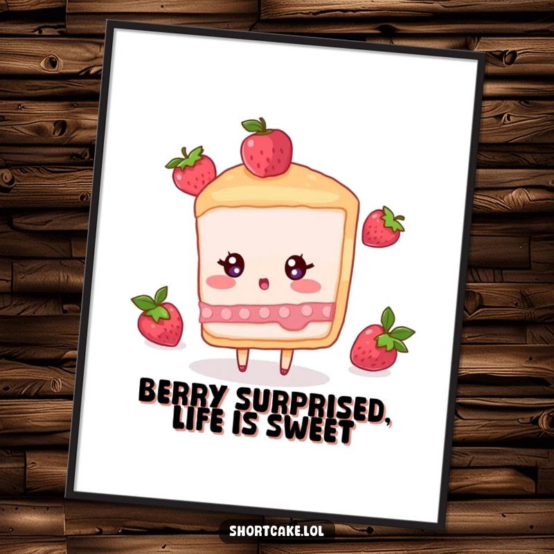 Funny Free Printable Wall Art: A shortcake slice character with wide eyes reacts in surprise to a berry tumbling down towards it.
