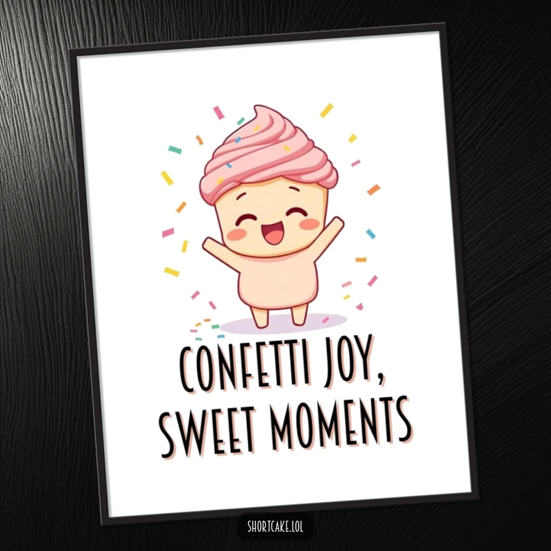 Funny free printable wall art of a shortcake excitedly tossing confetti, bringing a festive atmosphere.
