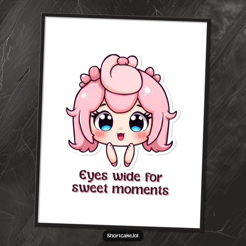 Funny Free Printable Wall Art of a shortcake character with wide, jammy eyes, looking utterly surprised and slightly overwhelmed.