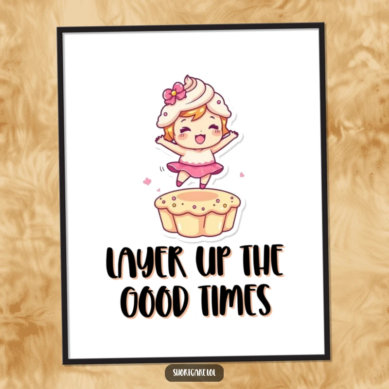 Funny free printable wall art of a shortcake character energetically leaping from one cake layer to another, full of joy.