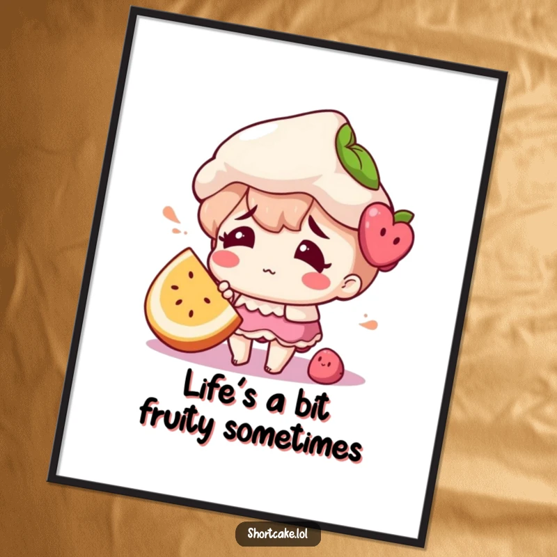 Funny Free Printable Wall Art: A shortcake character looks comically confused, a fruit slice misplaced, adding a touch of whimsical charm.