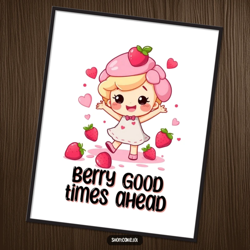 Funny Free Printable Wall Art: A happy shortcake character dances with berry juice splatters, radiating pure, unadulterated joy.