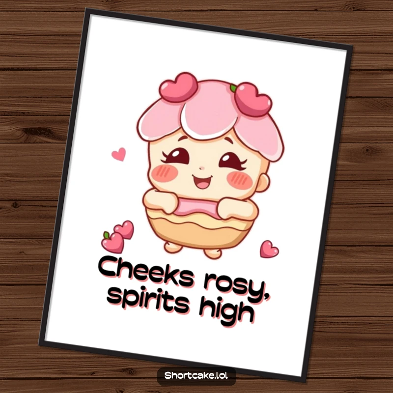 Funny free printable wall art of a shortcake with rosy cheeks, captured in a moment of joyful giggling.