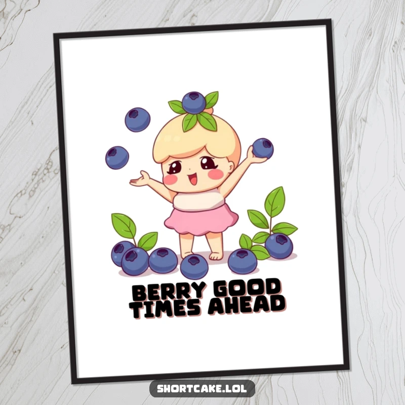 Funny Free Printable Wall Art: a shortcake character skillfully juggles three small, round blueberries.