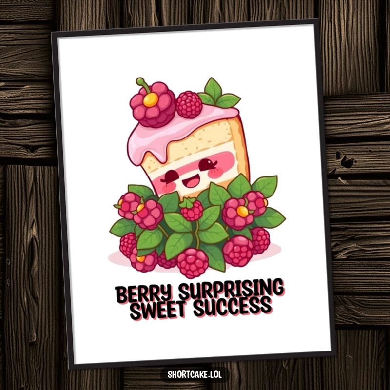 Funny Free Printable Wall Art of a shortcake slice popping out from a berry bush with a comically surprised expression